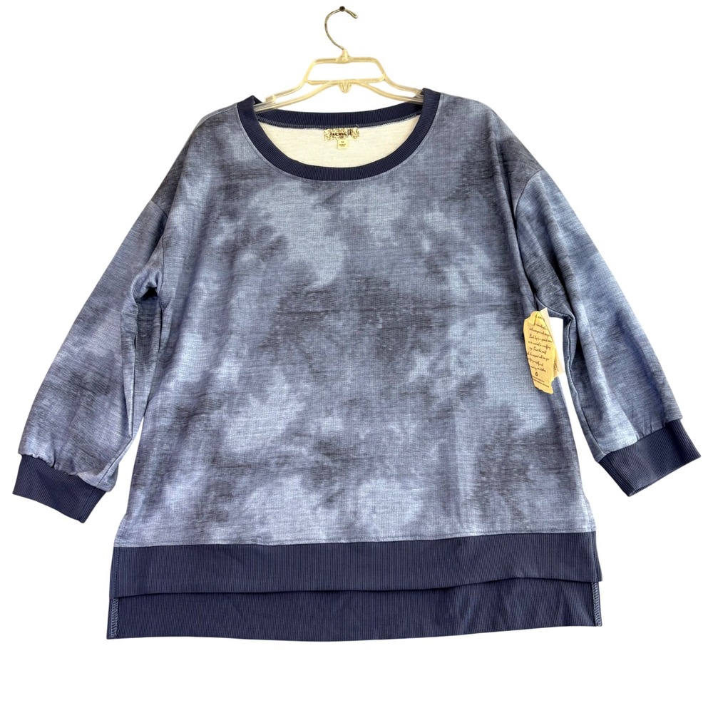 One World M Blue Navy Tie Dye Sweatshirt Crew Neck 3/4 Sleeve Cozy Casual NWT